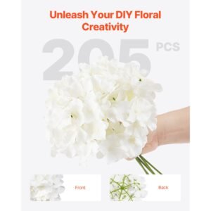 artificial flowers, 205 pcs real looking white silk fake hydrangea bulk, white faux bridal shower with stems for diy wedding bouquets, home centerpieces arrangements, party tables decorations
