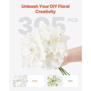 artificial flowers, 305 pcs real looking white silk fake hydrangea bulk, white faux bridal shower with stems for diy wedding bouquets, home centerpieces arrangements, party tables decorations