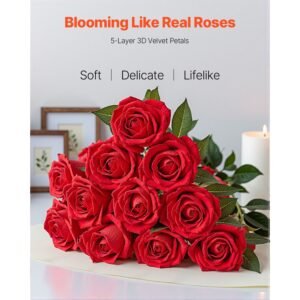 artificial flowers, 500 pcs real looking red foam fake roses bulk, faux red bridal shower with stems for diy wedding bouquets, home centerpieces arrangements, party tables decorations