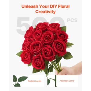 artificial flowers, 500 pcs real looking red foam fake roses bulk, faux red bridal shower with stems for diy wedding bouquets, home centerpieces arrangements, party tables decorations