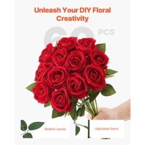 artificial flowers, 60 pcs real looking red foam fake roses bulk, faux red bridal shower with stems for diy wedding bouquets, home centerpieces arrangements, party tables decorations
