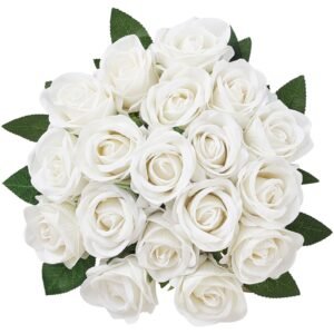 artificial flowers, 60 pcs real looking white foam fake roses bulk, white faux bridal shower with stems for diy wedding bouquets, home centerpieces arrangements, party tables decorations