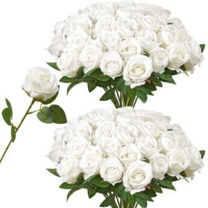 artificial flowers, 60 pcs real looking white foam fake roses bulk, white faux bridal shower with stems for diy wedding bouquets, home centerpieces arrangements, party tables decorations