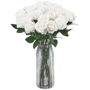 artificial flowers, 60 pcs real looking white foam fake roses bulk, white faux bridal shower with stems for diy wedding bouquets, home centerpieces arrangements, party tables decorations