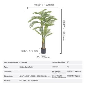 artificial gold cane palm tree, 6.5 ft tall faux plant, pe material & anti tip tilt protection low maintenance plant, lifelike green fake tree for home office warehouse decor indoor outdoor