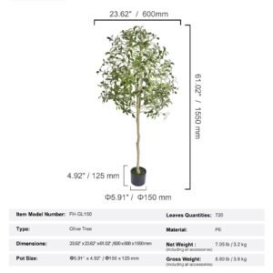 artificial olive tree, 5 ft tall faux plant, secure pe material & anti tip tilt protection low maintenance plant, lifelike green fake potted tree for home office warehouse decor indoor outdoor