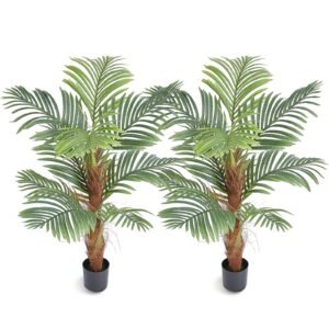 artificial palm tree, 4 ft tall faux plant, secure pe material & anti tip tilt protection low maintenance plant, lifelike green fake tree for home office warehouse decor indoor outdoor