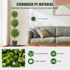 artificial topiaries boxwood trees, 48 inch tall (2 pieces), 3 ball shape faux topiaries plant with planters, green feaux plant w/ replaceable leaves & port for decorative indoor/outdoor/garden