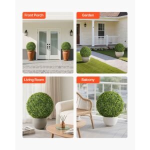 artificial topiary ball, 23 inch faux boxwood plant balls, fake silk tree look real, easy assembly for decor front porch outdoor patio garden balcony backyard and indoor home wedding, green