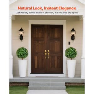 artificial topiary boxwood trees with ground spike, 27 inch 2 set faux shrubs & bushes potted plants, fake silk tree look real for decor front porch outdoor indoor patio garden balcony backyard
