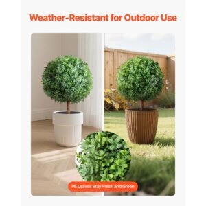 artificial topiary boxwood trees with ground spike, 27 inch 2 set faux shrubs & bushes potted plants, fake silk tree look real for decor front porch outdoor indoor patio garden balcony backyard