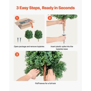 artificial topiary boxwood trees with ground spike, 27 inch 2 set faux shrubs & bushes potted plants, fake silk tree look real for decor front porch outdoor indoor patio garden balcony backyard