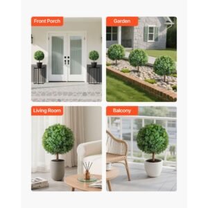 artificial topiary boxwood trees with ground spike, 27 inch 2 set faux shrubs & bushes potted plants, fake silk tree look real for decor front porch outdoor indoor patio garden balcony backyard