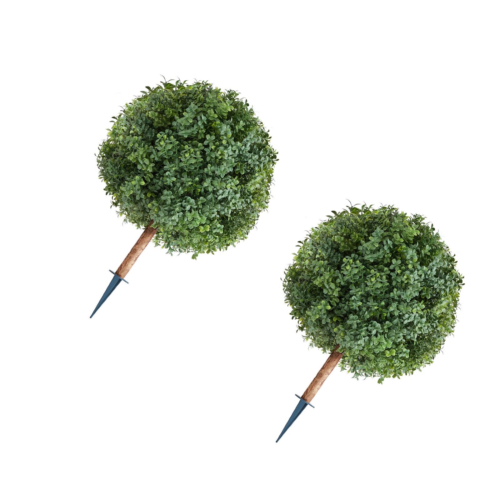 artificial topiary boxwood trees with ground spike, 27 inch 2 set faux shrubs & bushes potted plants, fake silk tree look real for decor front porch outdoor indoor patio garden balcony backyard