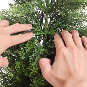 artificial topiary cedar trees, 36 inch 2 set faux pine shrubs plants, fake silk tree look real, easy assembly for decor front porch outdoor patio garden balcony backyard indoor office