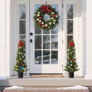 artificial topiary cedar trees, 36 inch 2 set faux pine shrubs plants, fake silk tree look real, easy assembly for decor front porch outdoor patio garden balcony backyard indoor office