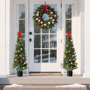 artificial topiary cedar trees, 48 inch 2 set faux pine shrubs plants, fake silk tree look real, easy assembly for decor front porch outdoor patio garden balcony backyard indoor office