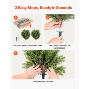 artificial topiary cypress trees with ground spike, 16 inch 2 set faux shrubs & bushes potted plants, fake silk tree look real for decor front porch outdoor indoor patio garden balcony backyard