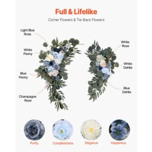 artificial wedding arch flowers kit, blue wedding arch flowers with drapes kit (pack of 4) 2 pcs floral arrangement, 2 pcs sheer drapes, for ceremony bouquets reception backdrop decoration