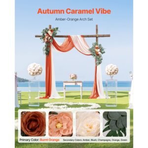 artificial wedding arch flowers kit, orange wedding arch flowers with drapes kit (pack of 4) 2 pcs floral arrangement, 2 pcs sheer drapes, for ceremony bouquets reception backdrop decoration