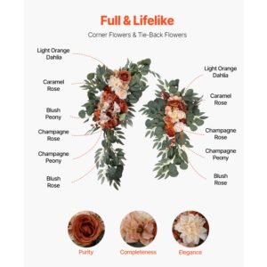 artificial wedding arch flowers kit, orange wedding arch flowers with drapes kit (pack of 4) 2 pcs floral arrangement, 2 pcs sheer drapes, for ceremony bouquets reception backdrop decoration