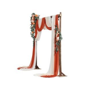 artificial wedding arch flowers kit, orange wedding arch flowers with drapes kit (pack of 5) 2 pcs floral arrangement, 3 pcs sheer drapes, for ceremony bouquets reception backdrop decoration