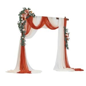 artificial wedding arch flowers kit, orange wedding arch flowers with drapes kit (pack of 5) 2 pcs floral arrangement, 3 pcs sheer drapes, for ceremony bouquets reception backdrop decoration