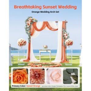 artificial wedding arch flowers kit, orange wedding arch flowers with drapes kit (pack of 5) 2 pcs floral arrangement, 3 pcs sheer drapes, for ceremony bouquets reception backdrop decoration