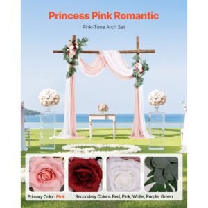 artificial wedding arch flowers kit, pink wedding arch flowers with drapes kit (pack of 4) 2 pcs floral arrangement, 2 pcs sheer drapes, for ceremony bouquets reception backdrop decoration
