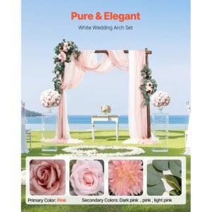 artificial wedding arch flowers kit, pink wedding arch flowers with drapes kit (pack of 5) 2 pcs floral arrangement, 3 pcs sheer drapes, for ceremony bouquets reception backdrop decoration
