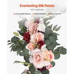 artificial wedding arch flowers kit, pink wedding arch flowers with drapes kit (pack of 5) 2 pcs floral arrangement, 3 pcs sheer drapes, for ceremony bouquets reception backdrop decoration