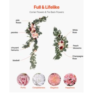 artificial wedding arch flowers kit, pink wedding arch flowers with drapes kit (pack of 5) 2 pcs floral arrangement, 3 pcs sheer drapes, for ceremony bouquets reception backdrop decoration