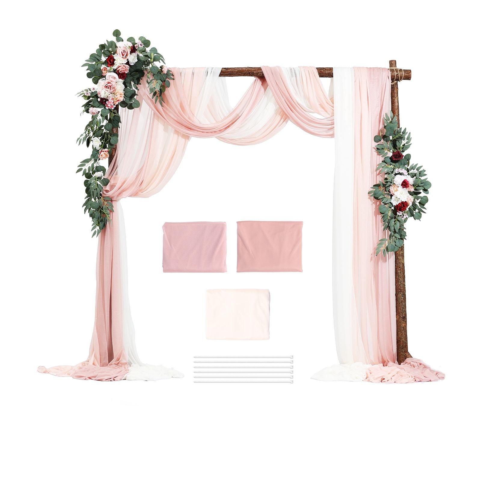 artificial wedding arch flowers kit, pink wedding arch flowers with drapes kit (pack of 5) 2 pcs floral arrangement, 3 pcs sheer drapes, for ceremony bouquets reception backdrop decoration
