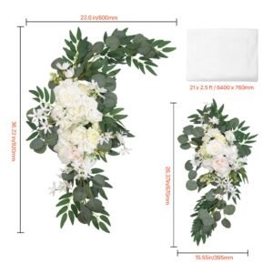 artificial wedding arch flowers kit, white wedding arch flowers with drapes kit (pack of 3) 2 pcs floral arrangement, 1 pcs sheer drapes, for ceremony bouquets reception backdrop decoration