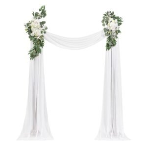 artificial wedding arch flowers kit, white wedding arch flowers with drapes kit (pack of 3) 2 pcs floral arrangement, 1 pcs sheer drapes, for ceremony bouquets reception backdrop decoration