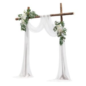 artificial wedding arch flowers kit, white wedding arch flowers with drapes kit (pack of 3) 2 pcs floral arrangement, 1 pcs sheer drapes, for ceremony bouquets reception backdrop decoration