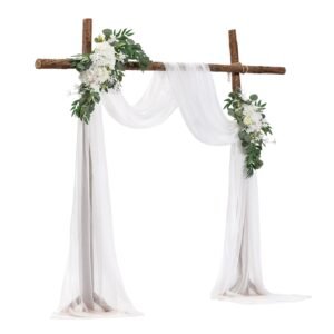 artificial wedding arch flowers kit, white wedding arch flowers with drapes kit (pack of 3) 2 pcs floral arrangement, 1 pcs sheer drapes, for ceremony bouquets reception backdrop decoration