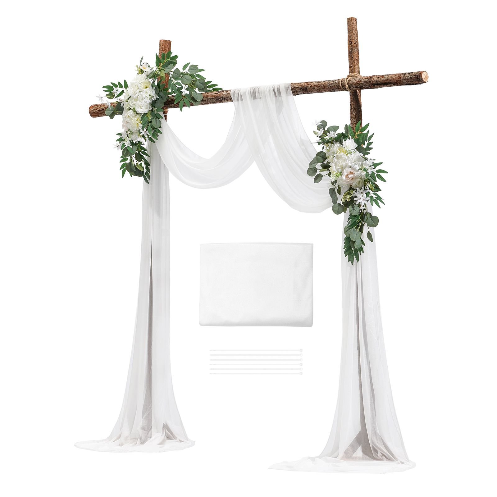 artificial wedding arch flowers kit, white wedding arch flowers with drapes kit (pack of 3) 2 pcs floral arrangement, 1 pcs sheer drapes, for ceremony bouquets reception backdrop decoration