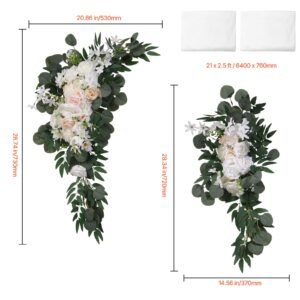 artificial wedding arch flowers kit, white wedding arch flowers with drapes kit (pack of 4) 2 pcs floral arrangement, 2 pcs sheer drapes, for ceremony bouquets reception backdrop decoration