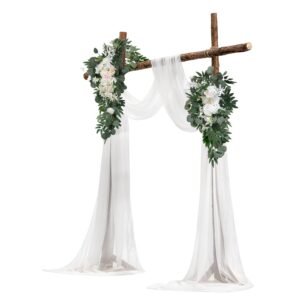 artificial wedding arch flowers kit, white wedding arch flowers with drapes kit (pack of 4) 2 pcs floral arrangement, 2 pcs sheer drapes, for ceremony bouquets reception backdrop decoration