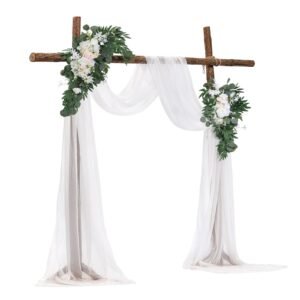 artificial wedding arch flowers kit, white wedding arch flowers with drapes kit (pack of 4) 2 pcs floral arrangement, 2 pcs sheer drapes, for ceremony bouquets reception backdrop decoration