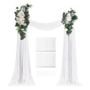 Artificial Wedding Arch Flowers Kit, White Wedding Arch Flowers with Drapes Kit (Pack of 4) - 2 Pcs Floral Arrangement, 2 Pcs Sheer Drapes, for Ceremony Bouquets Reception Backdrop Decoration