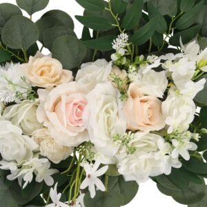 artificial wedding arch flowers kit, white wedding arch flowers with drapes kit (pack of 4) 2 pcs floral arrangement, 2 pcs sheer drapes, for ceremony bouquets reception backdrop decoration