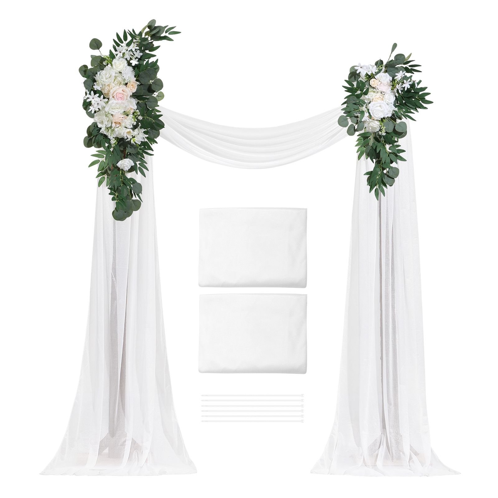 artificial wedding arch flowers kit, white wedding arch flowers with drapes kit (pack of 4) 2 pcs floral arrangement, 2 pcs sheer drapes, for ceremony bouquets reception backdrop decoration