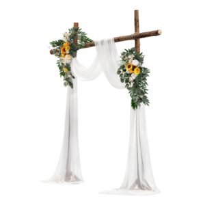 artificial wedding arch flowers kit, yellow wedding arch flowers with drapes kit (pack of 3) 2 pcs floral arrangement, 1 pcs sheer drapes, for ceremony bouquets reception backdrop decoration