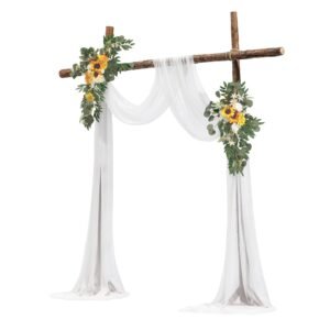 artificial wedding arch flowers kit, yellow wedding arch flowers with drapes kit (pack of 3) 2 pcs floral arrangement, 1 pcs sheer drapes, for ceremony bouquets reception backdrop decoration