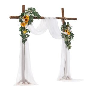 artificial wedding arch flowers kit, yellow wedding arch flowers with drapes kit (pack of 3) 2 pcs floral arrangement, 1 pcs sheer drapes, for ceremony bouquets reception backdrop decoration