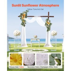 artificial wedding arch flowers kit, yellow wedding arch flowers with drapes kit (pack of 3) 2 pcs floral arrangement, 1 pcs sheer drapes, for ceremony bouquets reception backdrop decoration