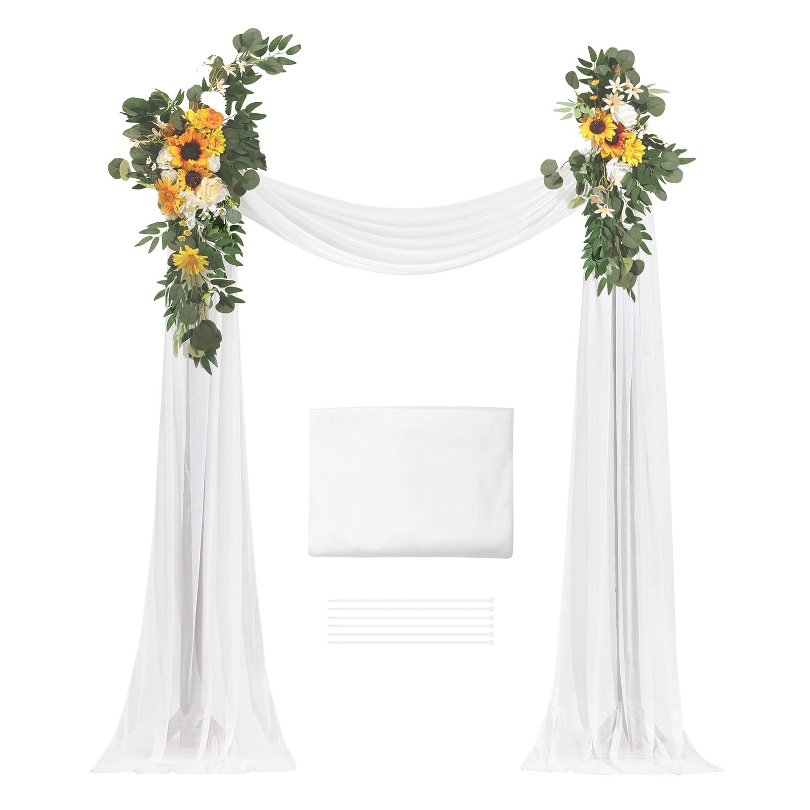 artificial wedding arch flowers kit, yellow wedding arch flowers with drapes kit (pack of 3) 2 pcs floral arrangement, 1 pcs sheer drapes, for ceremony bouquets reception backdrop decoration