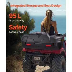 atv rear storage box and lounger, 95l atv cargo box with seat & backrest, waterproof lldpe & lockable lounger storage box fit most atvs with rear rack, compatible with atv, utv, can am vehicles